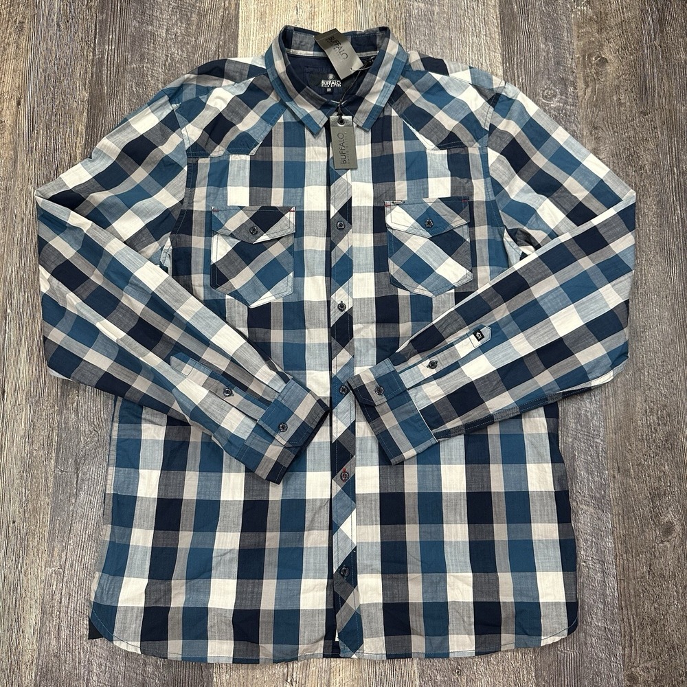 Buffalo David Bitton Button Down Shirt Mens XXL Blue White Plaid Long Sleeve NEW